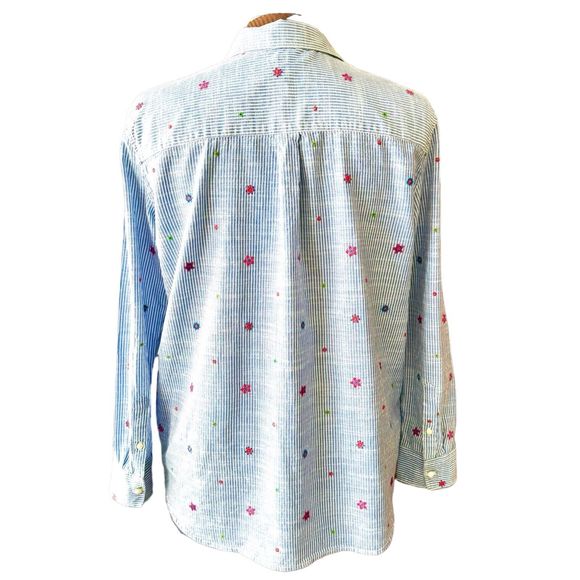 GAP Women's Blue Cotton Chambray Stripe Top Embroidery Long Sleeve Sz L - Picture 5 of 9